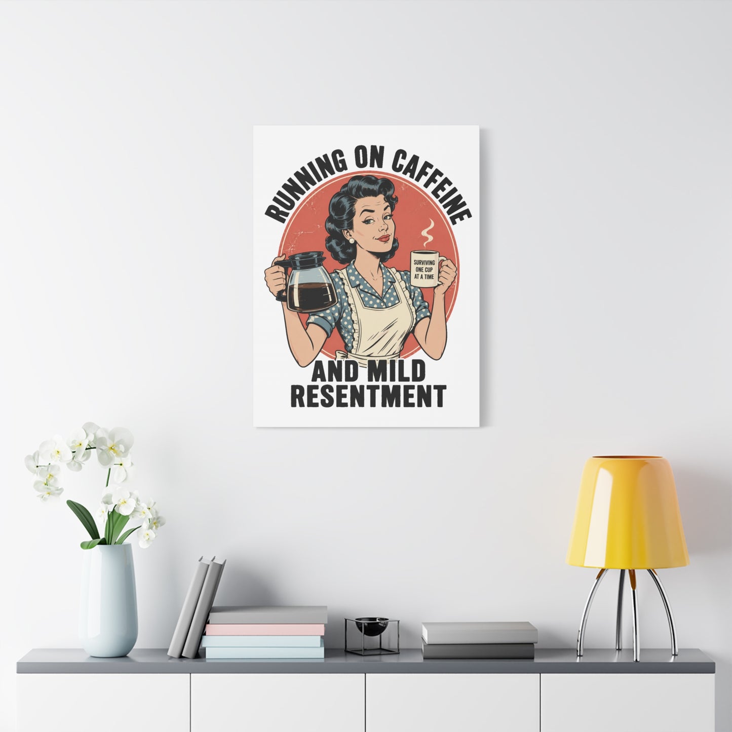 Funny Coffee Canvas Wall Art | "Running on Caffeine and Mild Resentment" Retro Vintage Decor