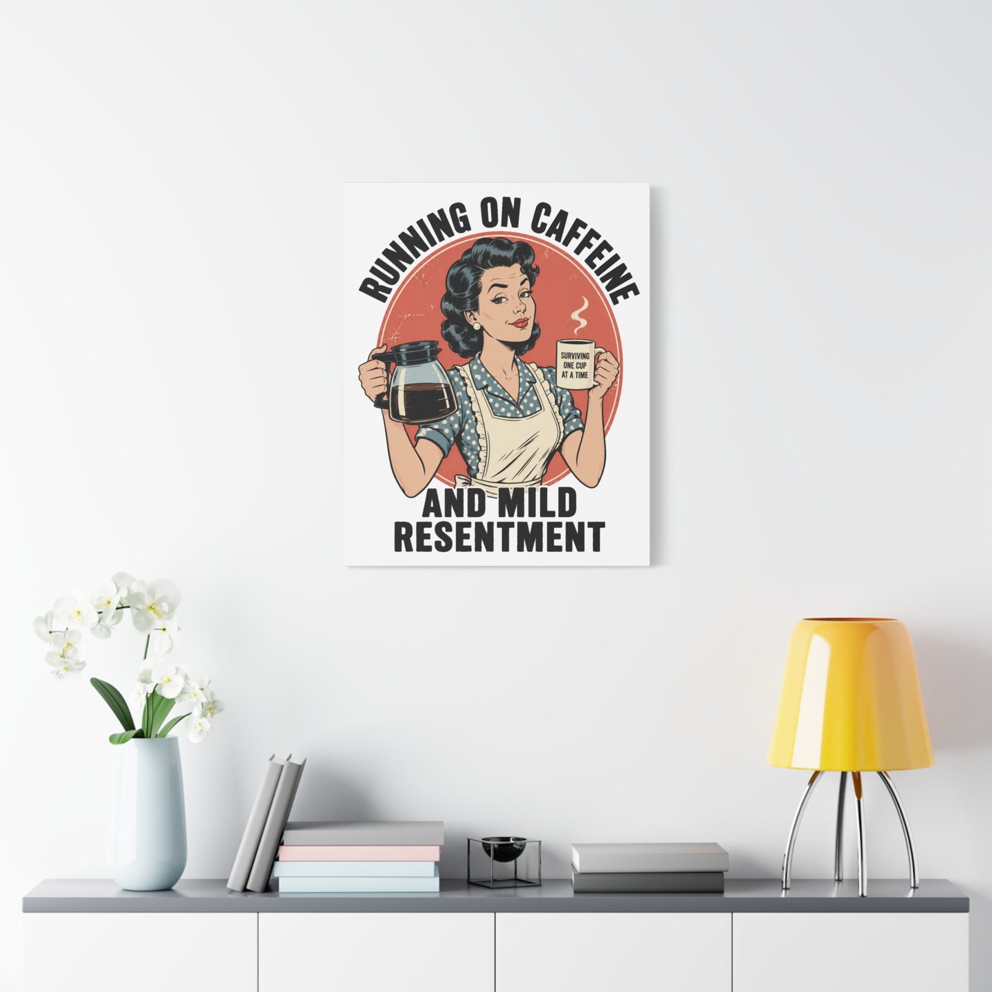 Funny Coffee Canvas Wall Art | "Running on Caffeine and Mild Resentment" Retro Vintage Decor